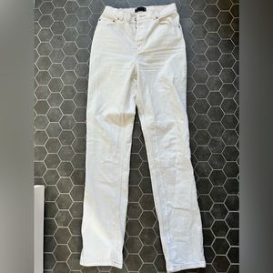 Asos cream straight leg denim pants with tan contrast stitch. Size 28 tall.
